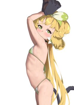1girl absurdres anal_tail animal_hands arms_up bikini black_choker blonde_hair blush butt_plug choker fake_tail fazekas flat_chest from_side gloves green_bikini green_eyes green_hairband hairband highres loli long_hair looking_at_viewer micro_bikini paw_gloves solo standing string_bikini swimsuit tail transparent_background verina_(wuthering_waves) very_long_hair wuthering_waves