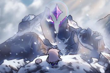 1girl 1other back bing_huyue chile cliff cloud cloudy_sky crystal facing_away gem gem_hair_ornament hair_flaps highres hololive hololive_english koseki_bijou long_hair mountain mountaintop multicolored_gemstone pebble_(koseki_bijou) purple_gemstone purple_hair purple_shoes real_world_location shoes sky snow snowing torres_del_paine virtual_youtuber