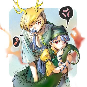 2girls anger_vein angry antlers apron aqua_apron arm_ribbon behind_another blonde_hair blue_hair blue_shirt chisel dragon_girl dragon_horns dragon_tail dress green_apron green_headscarf green_hood green_scales green_tail hand_in_another&#039;s_hair haniyasushin_keiki headscarf holding_another&#039;s_hair horns jewelry jibao kicchou_yachie long_hair magatama magatama_necklace monster_girl multiple_girls musical_note necklace object_in_pocket pocket red_eyes ribbon scales scowl shirt short_hair skirt smelling smelling_hair smile speech_bubble spoken_anger_vein spoken_musical_note square_neckline tail thought_bubble tools touhou turtle_shell v-shaped_eyebrows wood_carving_tool yellow_dress yellow_horns yellow_sleeves