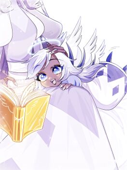 :d aged_down book child commentary dark-skinned_female dark_skin dress emily_(hazbin_hotel) grey_hair happy hazbin_hotel hellaverse highres long_hair multicolored_hair nail_polish open_book open_mouth puffy_short_sleeves puffy_sleeves purple_dress sera_(hazbin_hotel) short_sleeves simple_background smile symbol-only_commentary two-tone_hair white_background white_dress white_nails yuu_sub_27