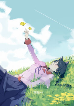 Rule 34 | 1girl, animal ears, artist name, black hair, braid, breasts, bug, butterfly, cat ears, closed mouth, cloud, cloudy sky, day, glasses, grass, hanekawa tsubasa, highres, insect, kkheicho, large breasts, light smile, long hair, looking at animal, lying, monogatari (series), on back, outdoors, outstretched arm, pink shirt, purple eyes, shirt, skirt, sky, solo, twin braids