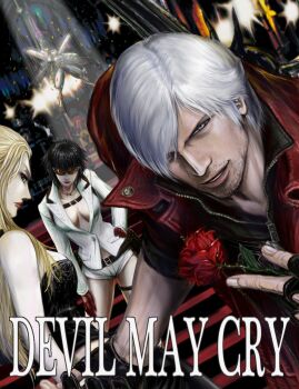 Rule 34 | 2boys, 2girls, agnus, black hair, blonde hair, blue eyes, breasts, cleavage, corset, dante (devil may cry), devil may cry, devil may cry (series), devil may cry 4, flower, hands on own hips, highres, lady (devil may cry), leather, leather pants, multiple boys, multiple girls, pants, rose, sunglasses, sword, trish (devil may cry), weapon