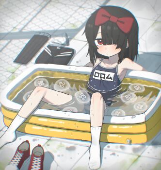 1girl absurdres black_hair blue_one-piece_swimsuit blurry bow breasts character_name closed_mouth depth_of_field hair_bow hair_over_one_eye highres jellyfish lakilolom looking_at_viewer one-piece_swimsuit original red_bow red_eyes red_shoes school_swimsuit shoes small_breasts socks solo swimsuit tile_floor tiles unworn_clothes unworn_shoes wading_pool wet white_socks