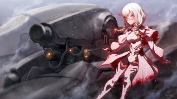 1girl 621_(armored_core_vi) absurdres armored_core armored_core_vi:_fires_of_rubicon ayre_(armored_core_vi) ayre_(armored_core_vi)_(cosplay) bodysuit braid breasts capelet commentary_request commission cosplay crossover fingerless_gloves floating glasses gloves glowing grey_hair highres indie_virtual_youtuber kanna_yanagi loader_4 long_sleeves low_twin_braids mecha medium_breasts one-eyed puffy_sleeves red_aura red_eyes robot science_fiction semi-rimless_eyewear short_eyebrows signature siratori_(yy_203) skeb_commission snowing solo steam twin_braids virtual_youtuber