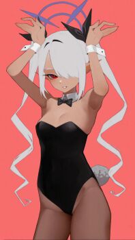 Rule 34 | 1girl, absurdres, alternate costume, anemoneeanemone, animal ears, armpits, arms up, bare arms, bare shoulders, black bow, black bowtie, black leotard, black pantyhose, black ribbon, blue archive, bow, bowtie, breasts, cowboy shot, dark-skinned female, dark skin, detached collar, fake animal ears, grey hair, hair over one eye, hair ribbon, halo, highleg, highleg leotard, highres, iori (blue archive), leotard, long hair, long pointy ears, looking at viewer, one eye covered, pantyhose, parted lips, playboy bunny, pointy ears, rabbit ears, rabbit pose, rabbit tail, red background, red eyes, ribbon, simple background, small breasts, smile, solo, strapless, strapless leotard, tail, twintails, very long hair, wrist cuffs