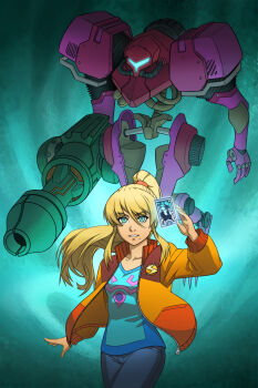 1girl absurdres adapted_costume aqua_background arm_cannon assault_visor blonde_hair blue_eyes blue_shirt card commentary denim english_commentary gravity_suit_(metroid) guilhermerm highres jacket jeans long_hair looking_at_viewer metroid mole mole_under_mouth nintendo orange_jacket pants parody persona persona_(summon) photoshop_(medium) ponytail power_suit_(metroid) redrawn samus_aran shirt solo strength_(tarot) summoning super_smash_bros. tarot tarot_card weapon