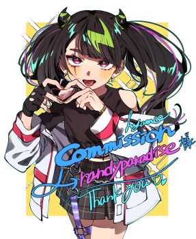 Rule 34 | 1girl, 3am, absurdres, bare shoulders, black gloves, black hair, black shirt, blush, bracelet, clothing cutout, commentary, commission, commissioner name, coqui saporana, cowboy shot, earrings, english commentary, eyelashes, fingerless gloves, four-finger heart hands, gloves, gold bracelet, green hair, grey skirt, hair horns, heart, heart hands, highres, hyamoo, jacket, jewelry, long sleeves, multicolored hair, off shoulder, open clothes, open jacket, open mouth, piercing, plaid clothes, plaid skirt, purple hair, red eyes, scar, scar across eye, scar on face, second-party source, shirt, shoulder cutout, signature, single fingerless glove, skeb commission, skirt, solo, streaked hair, thank you, thick eyebrows, tongue, tongue out, tongue piercing, twintails, virtual youtuber, white jacket