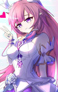 1girl bare_shoulders breasts commentary_request cyrene_(honkai:_star_rail) cyrene_(ripples_of_past_reverie)_(honkai:_star_rail) detached_sleeves diamond-shaped_pupils diamond_(shape) dress heart highres honkai:_star_rail honkai_(series) large_breasts long_hair looking_at_viewer pink_hair pointy_ears poruporu1211 purple_eyes simple_background solo symbol-shaped_pupils v very_long_hair white_background white_dress