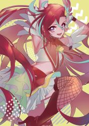 Rule 34 | 1girl, absurdres, aqua hair, arm up, armpit crease, armpits, bare shoulders, boots, capelet, clothing cutout, crop top, cure flamingo, earrings, eyelashes, feather earrings, feather hair ornament, feather sleeves, feathers, fingerless gloves, fishnet thighhighs, fishnets, floating hair, foot out of frame, frilled skirt, frills, gloves, hair between eyes, hair ornament, halftone, hand on own head, happy, heart cutout, high heel boots, high heels, highres, jewelry, knee boots, knee up, long hair, looking at viewer, lower teeth only, magical girl, midriff, miniskirt, multicolored hair, open mouth, precure, purple eyes, red boots, red capelet, red hair, red ribbon, red skirt, red thighhighs, ribbon, shell brooch, shipu (gassyumaron), shirt, short sleeves, signature, skirt, smile, solo, streaked hair, swept bangs, takizawa asuka, teeth, thighhighs, tropical-rouge! precure, two-tone hair, very long hair, white gloves, white shirt, yellow background, yellow brooch