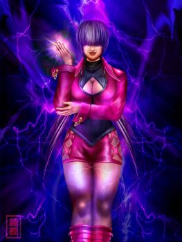 1girl boots breasts cleavage cleavage_cutout clothing_cutout dress female_focus huge_breasts jacket large_breasts long_sleeves orochi_shermie ponytail purple_hair shermie_(kof) skirt standing tan the_king_of_fighters thick_thighs thighs thunder twintails wide_hips