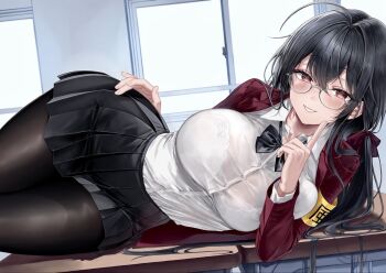1girl ahoge azur_lane black_bow black_hair black_pantyhose black_skirt bow bra breasts classroom cleavage desk glasses hand_on_own_hip highres jacket large_breasts long_hair looking_at_viewer on_desk open_clothes open_jacket pantyhose red_eyes red_jacket see-through_clothes shirt sitting skirt smile solo taihou_(azur_lane) underwear white_bra white_shirt window ya_ta