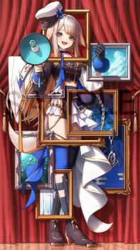 1girl :d armillarphere_v blonde_hair breasts commentary_request cuffs curtains dog_girl dog_tail full_body gloves handcuffs hat high_heels highres holding holding_megaphone light_blush long_hair looking_at_viewer medium_breasts megaphone midriff nijisanji nijisanji_idol_uniform official_art open_mouth picture_frame shioriha_ruri single_glove smile solo stage stage_curtains tail very_long_hair virtual_youtuber yellow_eyes