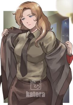 Rule 34 | 1girl, absurdres, black necktie, blonde hair, blue eyes, brown coat, brown shirt, char's counterattack, coat, collared shirt, commentary request, gundam, highres, k katora, looking to the side, nanai miguel, necktie, pencil skirt, shirt, skirt, solo