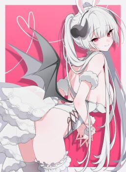 1girl animal_ears breasts bustle convenient_censoring demon_girl demon_horns demon_wings fake_animal_ears fake_tail frilled_hairband frilled_thigh_strap frilled_wrist_cuffs frills from_behind hair_censor hairband highres horns large_breasts leotard leotard_pull long_hair looking_at_viewer narrowed_eyes playboy_bunny rabbit_ears rabbit_tail red_eyes sirin_(sirin_8_8) solo steepled_fingers stella_sora tail thigh_strap thighhighs thighs twintails very_long_hair virigia_(stella_sora) white_hair white_leotard white_thighhighs white_wrist_cuffs wings wrist_cuffs