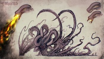 @_(symbol) alien alien_(series) artist_name breath_weapon breathing_fire commentary crossover dragon english_commentary fire fusion godzilla_(series) highres kaiju king_ghidorah monster mpa185 multiple_heads multiple_tails no_humans tail tail_blade two_tails wings xenomorph