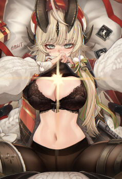 1girl 1other absurdres ahoge arknights bell black_bra black_pantyhose blonde_hair blush bow box bra breasts cleavage commentary condom condom_wrapper dragon_girl dragon_horns english_commentary gift gift_box green_eyes green_ribbon highres horns large_breasts lifting_own_clothes light_in_heart long_hair long_sleeves looking_at_viewer mildt multiple_horns navel official_alternate_costume paid_reward_available pantyhose pillow pov red_ribbon reed_(arknights) reed_the_flame_shadow_(arknights) reed_the_flame_shadow_(glowing_flame_in_the_night)_(arknights) ribbon stomach sweater thigh_strap two-tone_ribbon underwear white_bow white_sweater