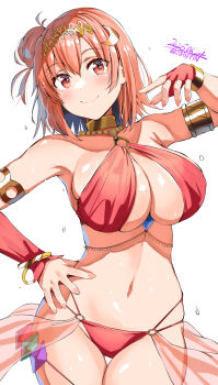 1girl 2025 armlet armpit_crease armpits artist_name belko belly_dancer blush bracelet breasts choker cleavage dancer dated detached_sleeves fingerless_gloves gloves groin hair_bun hair_ornament halterneck hand_on_own_hip harem_outfit highres jewelry large_breasts long_sleeves navel o-ring o-ring_top official_alternate_costume orange_hair red_eyes short_hair sideboob single_glove single_sleeve smile stomach thick_thighs thighs wide_hips yahari_ore_no_seishun_lovecome_wa_machigatteiru. yuigahama_yui