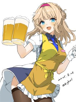 1girl absurdres alcohol apron beer beer_mug bigkwl black_thighhighs blonde_hair blue_dress blue_eyes blue_necktie braid braided_bun brown_apron collared_shirt cup dated dress dress_shirt frilled_apron frills gloves hair_bun hairband highres kantai_collection long_hair mug necktie one-hour_drawing_challenge pink_hairband ranger_(kancolle) shirt side_braid simple_background smile solo thighhighs twitter_username white_background white_gloves white_shirt