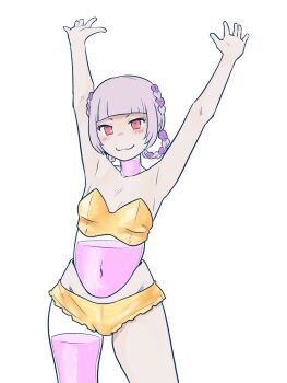 1girl afunai android arms_up bandeau bare_shoulders blunt_bangs braid braided_hair_rings commentary_request cowboy_shot gold_panties hair_rings highres indie_virtual_youtuber liquid navel purple_hair qmonji_matinee red_eyes see-through_body smile solo v-shaped_eyebrows virtual_youtuber yellow_bandeau