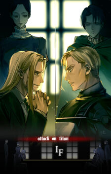 5boys alternate_universe beard_stubble blonde_hair blue_eyes chinese_commentary copyright_name crossdressing crossdressing_(mtf) elbow_rest empty_eyes erwin_smith eye_contact facial_hair hange_zoe highres lara_tybur levi_(shingeki_no_kyojin) long_hair looking_at_another luo_jie maid male_focus male_maid mixed-language_commentary multiple_boys no_eyes shingeki_no_kyojin short_hair sideways_glance smirk split_screen standing stubble table theo_magath thick_eyebrows willy_tybur window