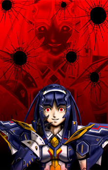 1girl android armor black_hair breasts bullet_hole crazy crazy_eyes crazy_smile different_zoom_layer hand_on_own_face hand_up ionia_series joints lisa_(pso2) long_hair looking_at_viewer medium_breasts metal_hair parted_lips phantasy_star phantasy_star_online_2 projected_inset red_background red_eyes robot_joints shoulder_armor sidelocks smile solo straight-on sushi_(sashimise)