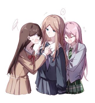 3girls anger_vein bang_dream! bang_dream!_it&#039;s_mygo!!!!! blue_shirt blue_skirt bow bowtie brown_dress brown_hair chihaya_anon chinese_commentary clothes_grab commentary_request dress fang green_necktie green_skirt grey_jacket grey_neckerchief hanasakigawa_school_uniform haneoka_school_uniform hibioes highres jacket long_hair multiple_girls nagasaki_soyo neckerchief necktie open_mouth pink_hair red_bow red_bowtie sailor_collar sailor_dress school_uniform shiina_taki shirt sidelocks simple_background skirt squiggle teeth tsukinomori_school_uniform upper_teeth_only white_background white_sailor_collar