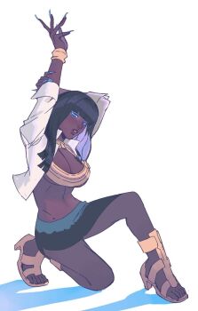 1girl alice_(kyokugen_dasshutsu) black_hair black_skirt blue_eyes blue_eyeshadow blue_nails blunt_bangs breasts cleavage collared_shirt colored_inner_hair commentary dark-skinned_female dark_skin english_commentary eyeshadow fingernails gold_bangle hand_on_own_arm highres kapsule kyokugen_dasshutsu kyokugen_dasshutsu_adv:_zennin_shibou_desu long_fingernails makeup multicolored_hair navel no_bra on_one_knee open_clothes open_shirt parted_lips sharp_fingernails shirt skirt sleeves_rolled_up solo stomach very_dark_skin