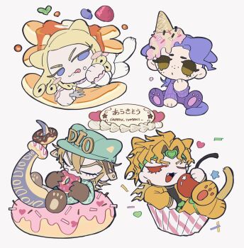 Rule 34 | 4boys, animal ears, blonde hair, blue eyes, cat boy, cat ears, cherry, chibi, cupcake, curly hair, dessert, diego brando, dio brando, donut, fangs, food, freckles, fruit, full body, funny valentine, green headband, hair rings, hat, headband, heart headband, highres, ice cream, jojo no kimyou na bouken, male focus, messy hair, multiple boys, naru tomaki, pale skin, purple hair, simple background, sprinkles, twitter username, vampire, vinegar doppio, white background
