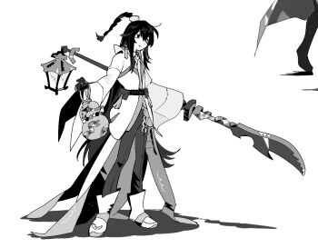 1boy arknights bakori514_(h_akka) boots coat commentary full_body gloves gourd greyscale guan_dao hong_lu_(project_moon) lantern limbus_company monochrome pants polearm project_moon sash solo symbol-only_commentary tag_earrings to_remain_oneself_(e.g.o) weapon wide_sleeves