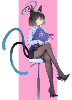 1girl absurdres animal_ears black_eyes black_hair black_pantyhose blue_archive blue_skirt cat_ears cat_tail crossed_legs full_body glasses halo high_heels highres kikyou_(blue_archive) multiple_tails painterliuhao pantyhose pumps shirt shoe_dangle short_hair sitting skirt solo stiletto_heels stool tail two_tails white_shirt