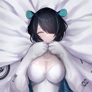 1girl :d animal_ears aqua_eyes aqua_streaks artist_request asymmetrical_bangs bad_id bed_sheet black_hair breasts breasts_squeezed_together commentary dakimakura_(medium) english_commentary erina_makina gloved_sleeves hair_over_one_eye highres jacket large_breasts long_bangs looking_at_viewer multicolored_hair official_alternate_hair_length official_alternate_hairstyle official_art open_mouth phase_connect red_pupils seductive_smile see-through_cleavage see-through_clothes short_hair skin_tight smile solo streaked_hair tiger_ears upper_body virtual_youtuber white_jacket