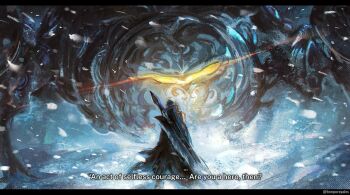 commentary derivative_work english_commentary english_text final_fantasy final_fantasy_xiv glowing glowing_eye huge_weapon mechanical_legs monster_hunter_(character) monster_hunter_(series) monster_hunter_wilds non-humanoid_robot omega_(final_fantasy) robot screenshot_redraw single_mechanical_eye snowing sword sword_on_back temporoyales weapon weapon_on_back yellow_eyes