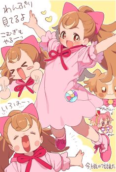&gt;_&lt; 1girl :3 :d afterimage arms_up ball_hands blush blush_stickers bow bright_pupils brown_hair closed_eyes commentary crown cure cure_wonderful dog dress facing_viewer hair_bow heart heart_in_mouth highres inukai_komugi inukai_komugi_(dog) legs_apart long_hair looking_at_viewer magical_girl medium_dress mini_crown mizuno_uchi motion_lines neck_ribbon open_mouth outline outstretched_arms pink_bow pink_dress pink_shoes ponytail precure red_eyes red_ribbon ribbon shoes short_sleeves smile spread_arms standing star-shaped_pupils star_(symbol) straight_hair symbol-shaped_pupils translation_request two_side_up white_outline white_pupils wonderful_precure! yellow_background yellow_pupils