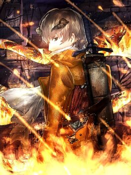 Rule 34 | 1boy, ascot, bare tree, black sky, coat, collared coat, commentary request, covered mouth, fire, floating neckwear, grey eyes, grey hair, horns, lapels, looking back, male focus, metaphor: refantazio, pkkoje98bo88835, popped collar, scabbard, sheath, short hair, sky, solo, spoilers, strohl (metaphor: refantazio), sword, sword on back, tree, weapon, weapon on back, white ascot, yellow coat