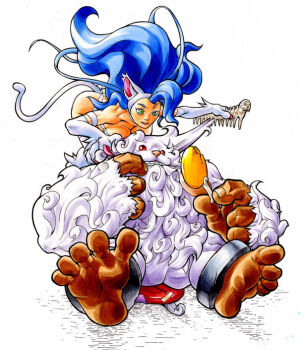 animal_ears bananakun barefoot blue_eyes blue_hair capcom cat_ears cat_girl cat_tail comb curly_hair darkstalkers felicia_(darkstalkers) full_body long_hair monster red_eyes red_nails sasquatch_(darkstalkers) sitting skull tail white_fur yeti_(creature)