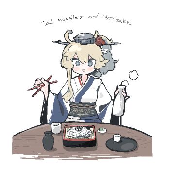 1girl alcohol bb_15hz blonde_hair blue_eyes bottle breasts choko_(cup) chopsticks cup english_text food hair_between_eyes headgear holding holding_bottle holding_chopsticks iowa_(kancolle) iowa_(new_year)_(kancolle) japanese_clothes kantai_collection kimono long_sleeves noodles obi open_mouth sake sash simple_background soba solo star-shaped_pupils star_(symbol) symbol-shaped_pupils tokkuri tray white_background wide_sleeves