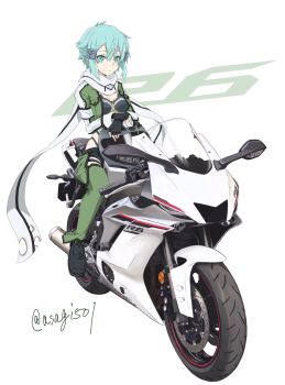 1girl ankle_boots aqua_eyes aqua_hair armored_leotard artist_name asagi501 black_boots black_gloves black_leotard black_shorts black_trim boots breasts bullet_hole closed_mouth commentary_request cropped_jacket crossed_wrists detached_pants double-parted_bangs fingerless_gloves full_body gloves green_jacket green_pants hair_between_eyes hair_ornament hairclip highleg highleg_leotard highres jacket leotard light_smile long_sleeves looking_at_viewer medium_breasts medium_hair messy_hair motor_vehicle motorcycle multicolored_jacket multicolored_leotard on_motorcycle open_clothes open_jacket pants scarf short_shorts shorts sidelocks simple_background sinon skindentation solo split_mouth sword_art_online tassets thigh_strap torn_clothes torn_scarf twitter_username two-tone_jacket two-tone_leotard vehicle_request watermark white_background white_jacket white_leotard white_scarf yamaha