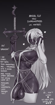 1girl bottomless breasts cum cumdrip dark-skinned_female dark_elf dark_skin elf english_text flaccid full-package_futanari futanari gauntlets grey_background greyscale hand_on_own_face heart highres large_breasts large_penis large_testicles looking_at_viewer monochrome original panzermeido penis pointy_ears single_gauntlet testicles thighhighs white_thighhighs