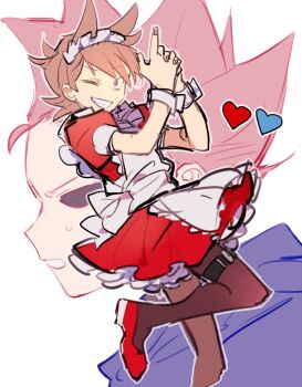 Rule 34 | 2boys, alternate costume, animification, apron, bad id, bad twitter id, black pantyhose, blue hoodie, brown eyes, brown hair, commentary, crossdressing, crossdressing (mtf), dress, eddsworld, enmaided, finger gun, from side, grin, hair ears, heart, hollow eyes, hood, hood down, hoodie, inactive account, looking at viewer, maid, maid apron, maid day, maid headdress, male focus, male maid, multiple boys, nana (ebitokanimiso), one eye closed, painttool sai (medium), pantyhose, red dress, red shoes, sharp teeth, shoes, short hair, simple background, sketch, smile, solo focus, standing, standing on one leg, teeth, thigh strap, tom (eddsworld), tord (eddsworld), white apron, white background, wrist cuffs