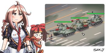2girls ahoge blush command_&amp;_conquer command_&amp;_conquer:_generals crossover crosswalk girls&#039;_frontline health_bar highres m99_(girls&#039;_frontline) military military_vehicle motor_vehicle multiple_girls satire serjatronic surprised sweat tank tank_man tiananmen_square type_97_shotgun_(girls&#039;_frontline)