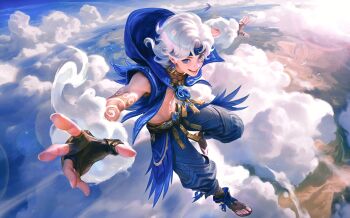 1boy blue_eyes blue_jacket blue_pants full_body jacket male_focus medium_hair mobile_legends:_bang_bang pants sky sora_(mobile_legends:_bang_bang) white_hair