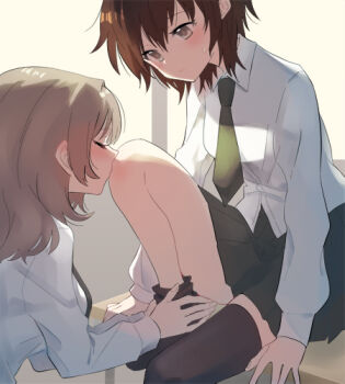 2girls black_thighhighs blush brown_eyes brown_hair closed_eyes collared_shirt commentary_request green_necktie green_skirt kissing_knee long_hair lowres multiple_girls necktie original pleated_skirt school_uniform shirt short_hair skirt sou_(tuhut) sweat thighhighs thighhighs_pull white_shirt yuri