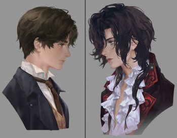 2boys art_program_in_frame black_hair black_jacket brown_eyes brown_hair brown_necktie brown_vest closed_mouth cropped_shoulders curtained_hair frilled_shirt frills green_eyes grey_background hair_over_one_eye jacket klein_moretti lapels leonard_mitchell looking_at_another lord_of_the_mysteries male_focus medium_hair multiple_boys necktie notched_lapels open_clothes open_jacket parted_lips portrait profile shirt short_hair simple_background split_screen vest wavy_hair white_shirt xuxu_(tsutsuji129)