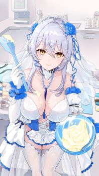 1girl absurdres blue_flower blue_scrunchie breasts bridal_veil closed_mouth commentary_request elbow_gloves flower food gloves grey_hair hair_between_eyes hair_flower hair_ornament highres indoors jewelry kudoukudokudo large_breasts looking_at_viewer lyfe_bestla lyfe_bestla_-_infinite_sight_(frozen_in_love) necklace scrunchie smile snowbreak:_containment_zone solo standing thighhighs veil white_gloves white_thighhighs wrist_scrunchie yellow_eyes