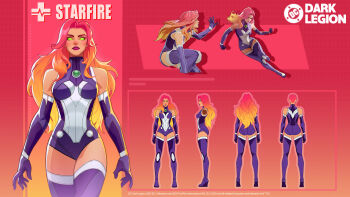 1girl boots breasts character_name character_profile colored_sclera colored_skin concept_art dc:_dark_legion dc_comics full_body gloves green_eyes green_sclera highres long_hair looking_at_viewer multiple_views navel official_art orange_skin purple_boots red_hair reference_sheet simple_background standing starfire superhero_costume tamaranean thighhighs turnaround