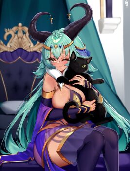 1girl animal aqua_hair azura_dulait black_horns body_markings breasts cat dorobo_ne earrings goat_horns gold_earrings highres holding holding_animal holding_cat horn_ornament horns jewelry large_breasts long_hair one_eye_closed pillow second-party_source sitting tan vallure virtual_youtuber yellow_eyes