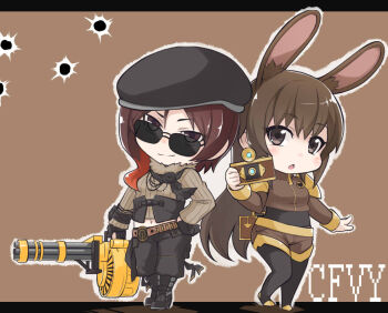 2girls anesidora_(rwby) animal_ear_fluff animal_ears ascot belt beret black_ascot black_bodysuit black_boots black_corset black_flower black_gloves black_hat black_pants black_rose bodysuit boots breasts brown_background brown_belt brown_eyes brown_hair brown_jacket brown_shorts bullet_hole camera chibi chibi_only closed_mouth coco_adel commentary_request corset cropped_jacket cropped_sweater faunus_(rwby) flower full_body fur-trimmed_collar fur_trim gatling_gun gianduja gloves hand_on_own_hip hat high_heel_boots high_heels holding holding_camera holding_weapon ishikane_aoi jacket knee_boots leg_up long_hair looking_at_viewer midriff minigun multicolored_jacket multiple_girls navel open_mouth outline pants pants_tucked_in parted_bangs rabbit_ears rabbit_girl ribbed_sweater rose rwby shorts small_breasts smile standing sunglasses sweater thigh_boots two-tone_jacket two-tone_shorts v-shaped_eyebrows velvet_scarlatina weapon white_outline yellow_jacket yellow_shorts