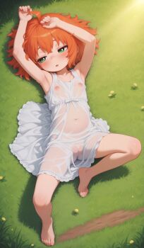 1girl absurdres ahoge ai-assisted armpits arms_up aroused ass barefoot blush breasts cleft_of_venus collarbone come_hither covered_erect_nipples covered_navel crossed_bangs dress eyebrows_hidden_by_hair feet female_focus flat_chest freckles grass green_eyes hair_between_eyes half-closed_eyes highres hina_kurosawa knee_up legs loli looking_to_the_side lying messy_hair muffin_top navel nipples no_panties on_back open_mouth orange_hair original outdoors parted_lips perspective plump presenting pussy see-through_clothes see-through_dress self-upload short_hair sleeveless sleeveless_dress small_breasts solo spread_legs sundress sweat thighs toenails toes wet wet_clothes wet_dress white_dress wide_hips