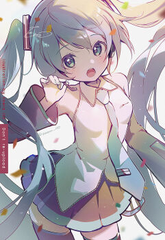 1girl :o aqua_hair black_skirt blue_nails blue_necktie blush collared_shirt detached_sleeves floating_hair green_eyes grey_sleeves grey_thighhighs hair_ornament hatsune_miku headphones headset ito_taera long_hair looking_at_viewer microphone miniskirt nail_polish necktie pleated_skirt shirt skirt sleeveless sleeveless_shirt solo thighhighs twintails twitter_username very_long_hair vocaloid watermark white_shirt wing_collar zettai_ryouiki