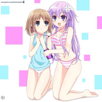 2girls :d absurdres bare_legs bare_shoulders barefoot blouse blue_eyes blue_shirt blush bra breasts brown_hair chemise cleavage d-pad d-pad_hair_ornament earphones hair_between_eyes hair_ornament hand_on_another's_shoulder helvetica_std highres kneeling listening_to_music long_hair looking_at_another medium_breasts medium_hair multiple_girls navel nepgear neptune_(series) open_mouth panties purple_eyes purple_hair rom_(neptunia) shared_earphones shirt sleepwear small_breasts smile square striped_bra striped_clothes striped_panties thigh_gap thighs underwear white_panties
